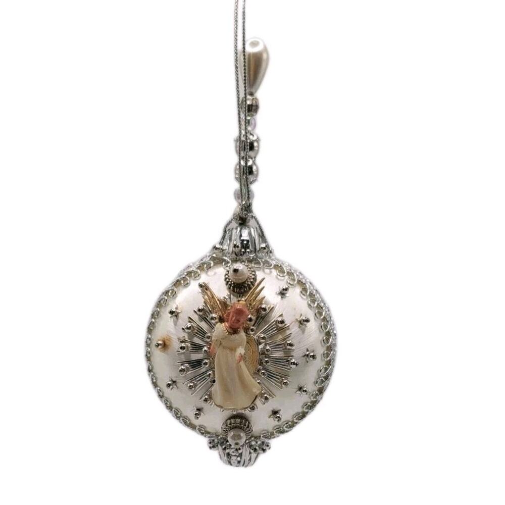 Beaded Sequin PushPin Christmas Ornament White Satin SilverMedallion 70s Angel
